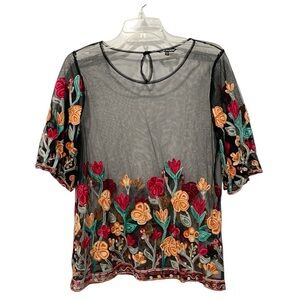 Unique Spectrum Women’s Mesh Embroidered Boxy Crop Blouse Sz‎ XL Pullover